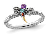 1/10 Carat (ctw) Amethyst, Garnet and Blue Topaz Dragonfly Ring in Sterling Silver